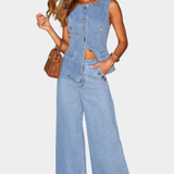 Cecilia | Ludovica Denim Sæt med Tætsiddende Vest og Bredbenede Jeans