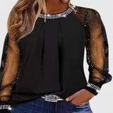 Elegant Bluse med Blomsterprint, Tyllærmer og Strassdetaljer